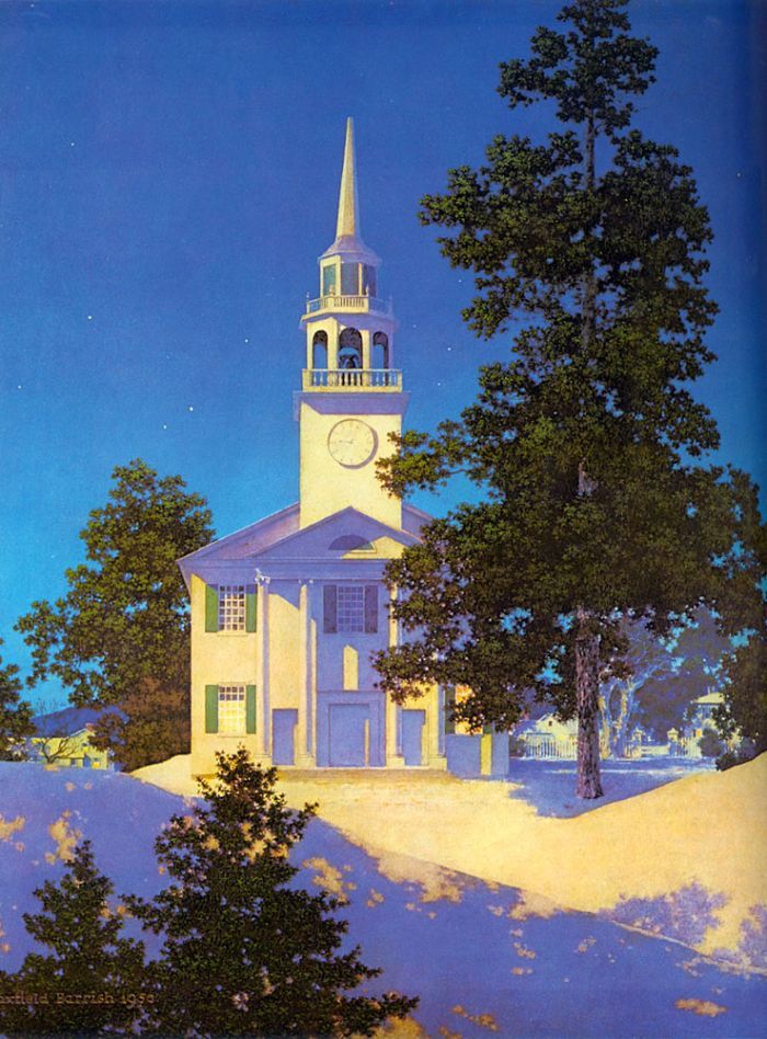 "Peaceful Night (Church at Norwich, Vermont)" by Maxfield Parrish - Norwich Congregational Church, Norwich, Vermont